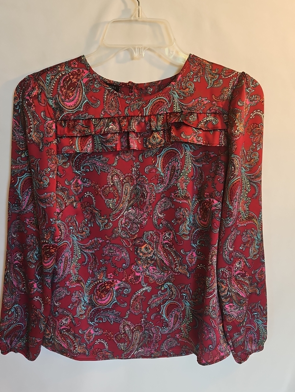 Talbots Womens Red/Burgundy Paisley Ruffle Long-Sleeve Blouse